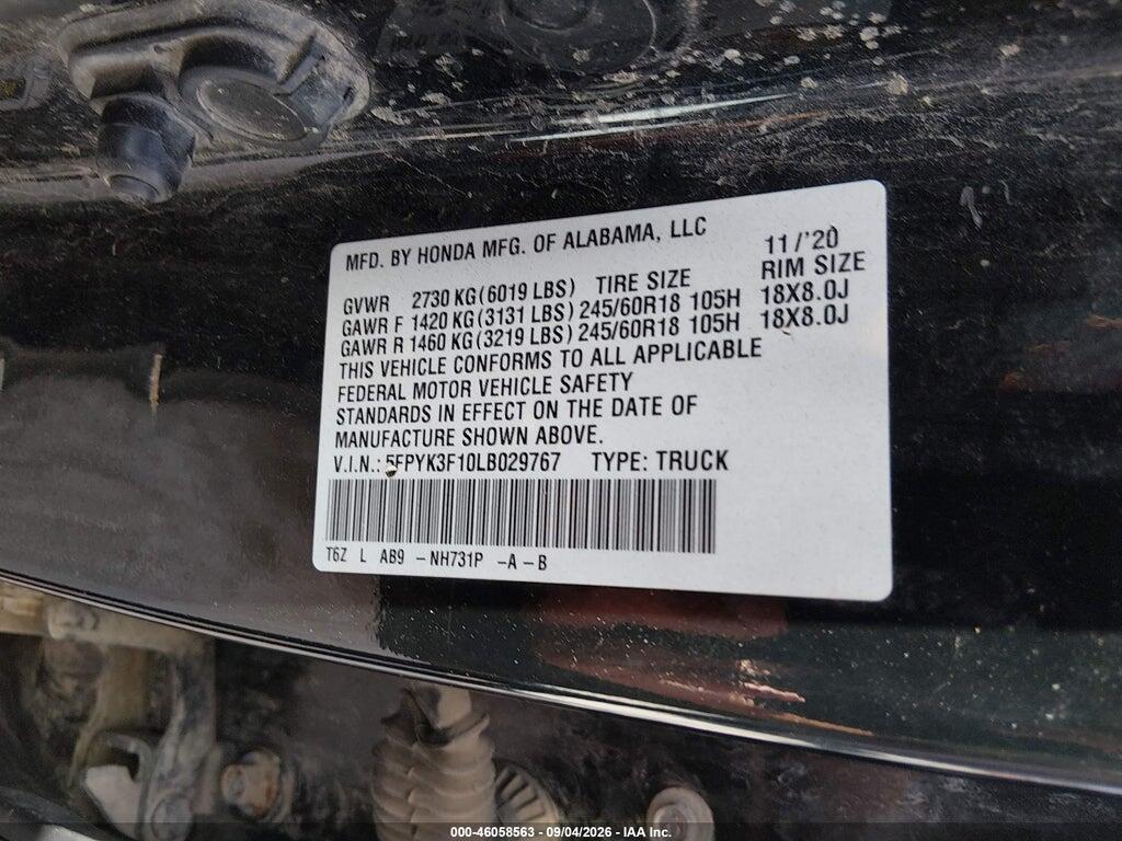 5FPYK3F10LB029767 2020 HONDA RIDGELINE photo no. 9