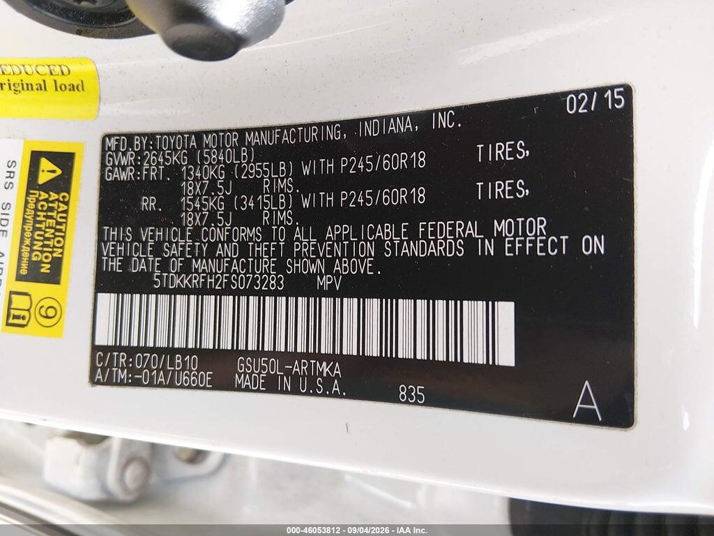 5TDKKRFH2FS073283 2015 TOYOTA HIGHLANDER photo no. 9