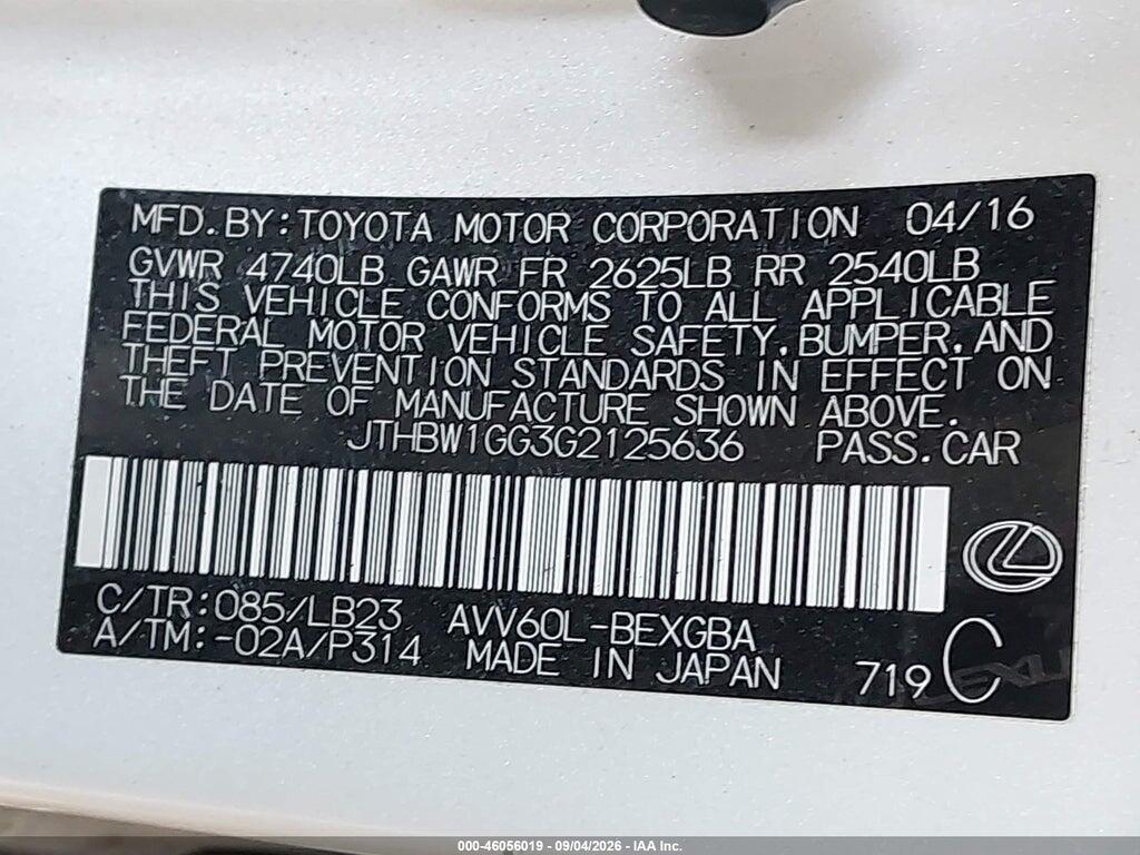 JTHBW1GG3G2125636 2016 LEXUS ES 300H photo no. 9