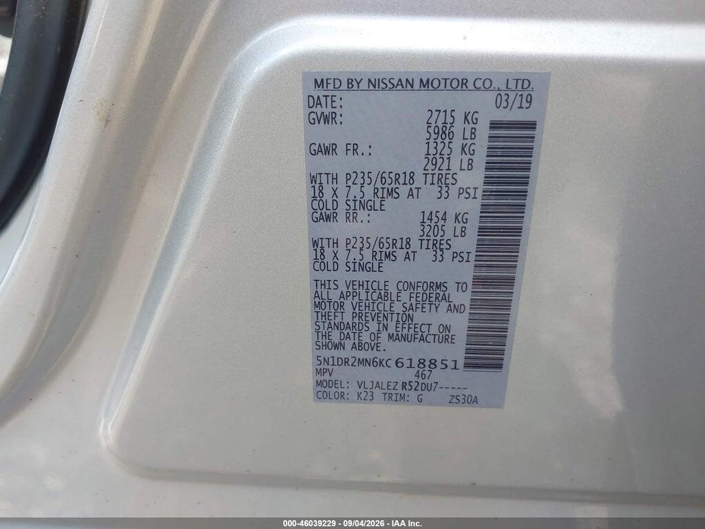 5N1DR2MN6KC618851 2019 NISSAN PATHFINDER photo no. 9
