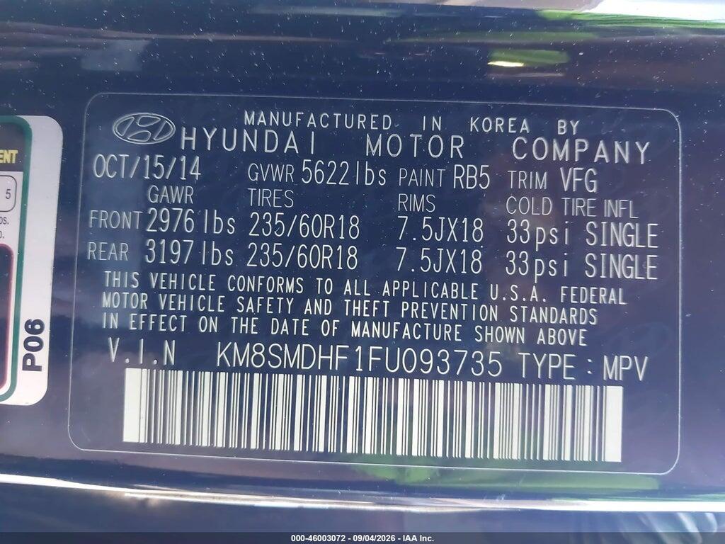 KM8SMDHF1FU093735 2015 HYUNDAI SANTA FE photo no. 9
