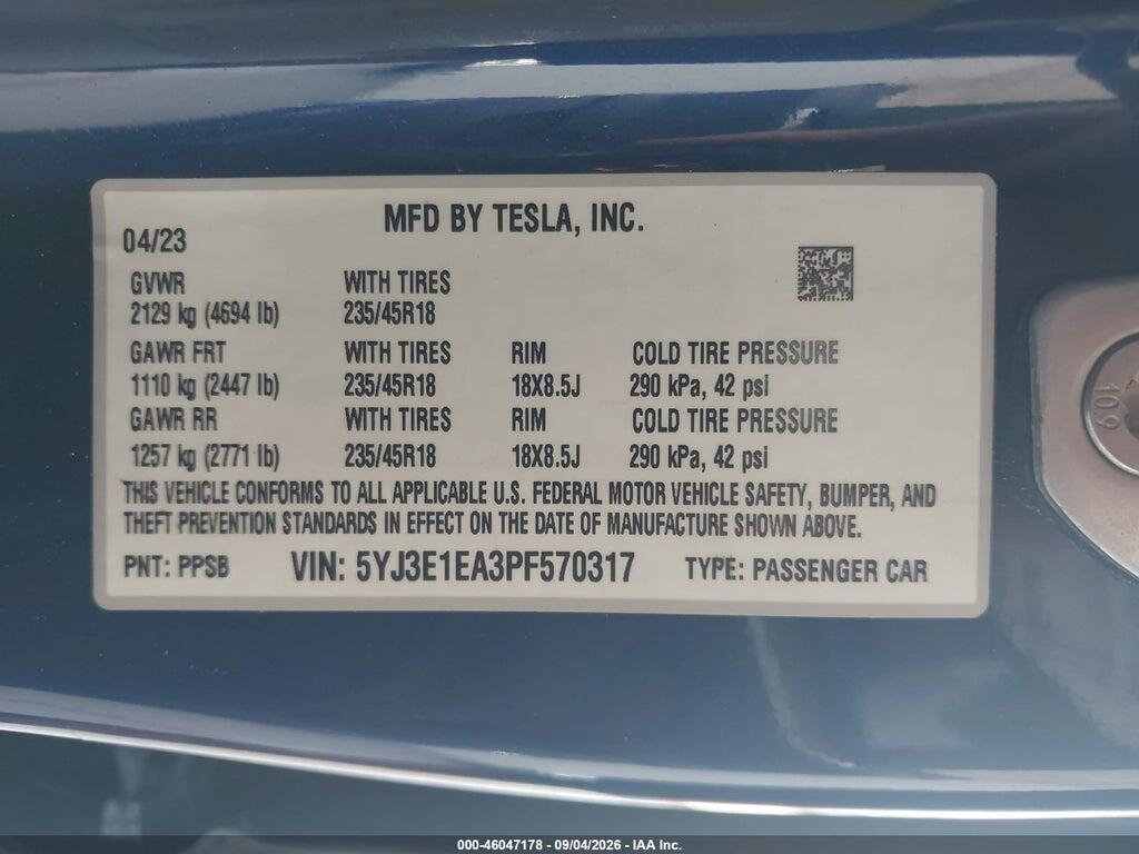 5YJ3E1EA3PF570317 2023 TESLA MODEL 3 photo no. 9