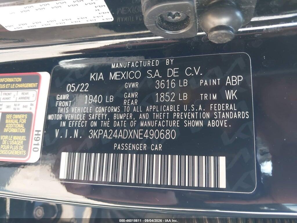 3KPA24ADXNE490680 2022 KIA RIO photo no. 9