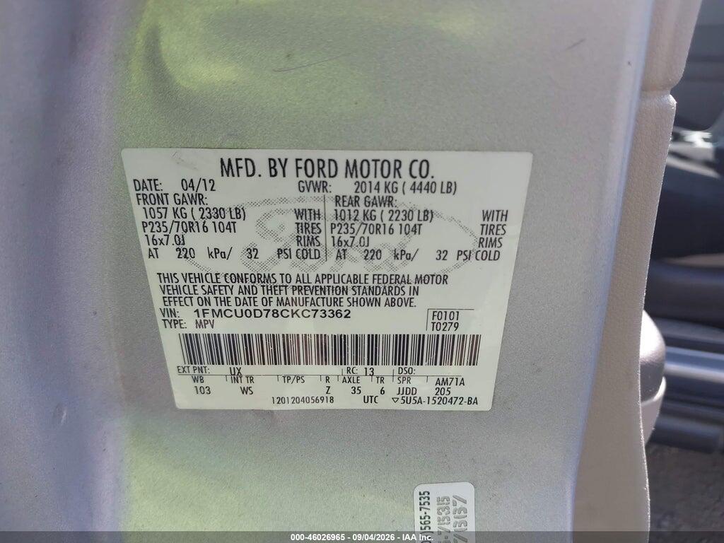 1FMCU0D78CKC73362 2012 FORD ESCAPE photo no. 9