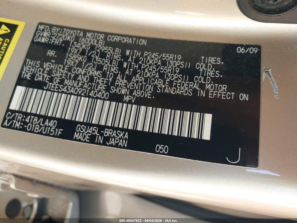 JTEES43A092140400 2009 TOYOTA HIGHLANDER photo no. 9