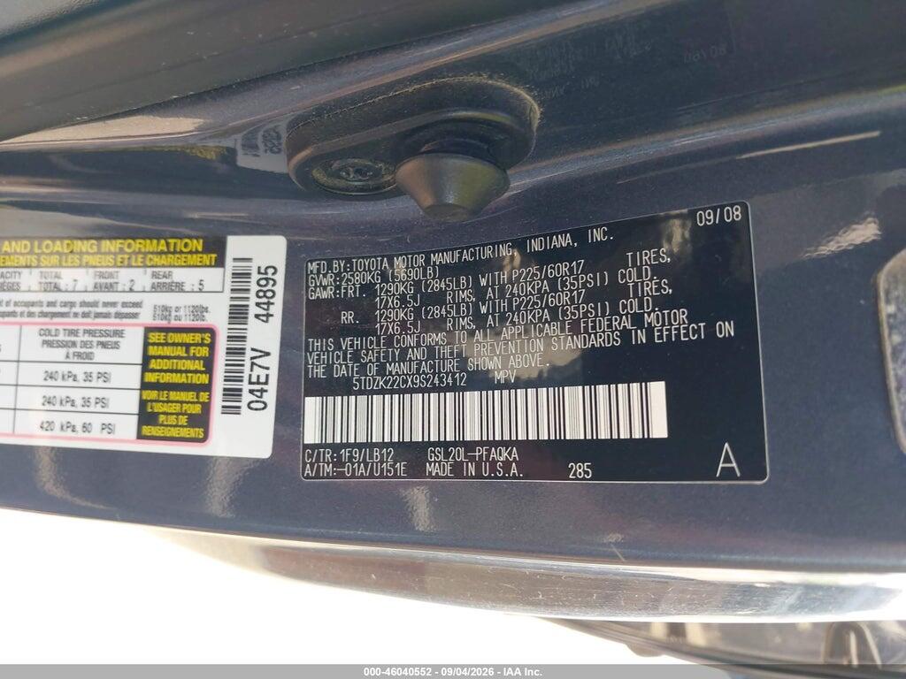 5TDZK22CX9S243412 2009 TOYOTA SIENNA photo no. 9