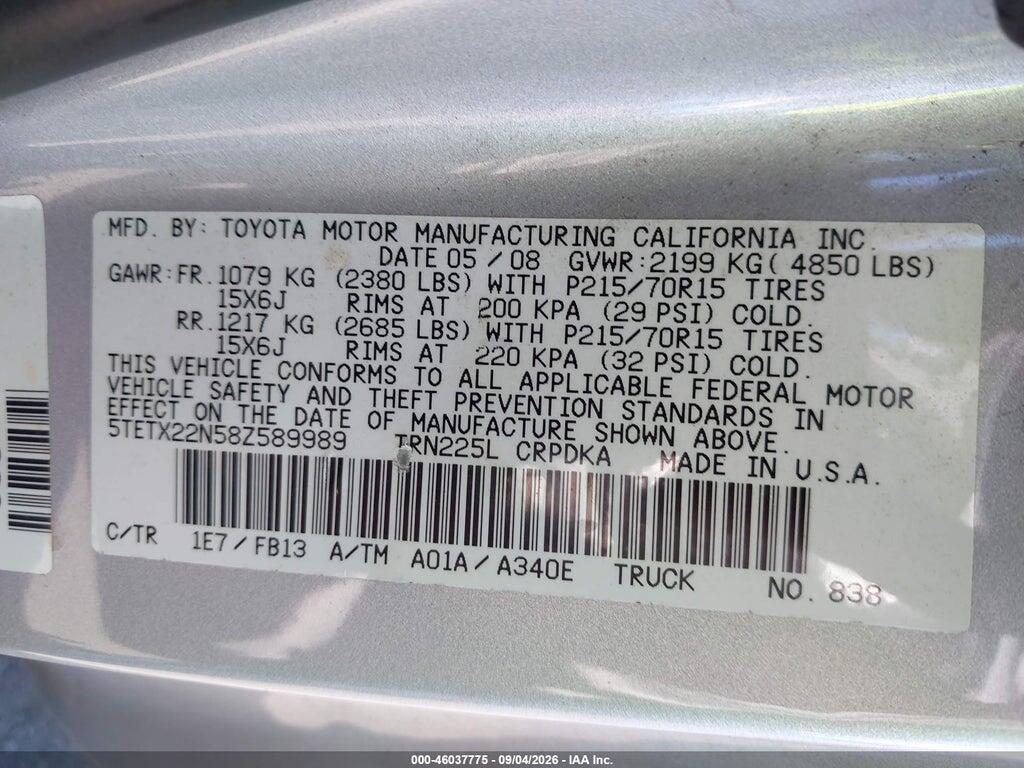 5TETX22N58Z589989 2008 TOYOTA TACOMA photo no. 9