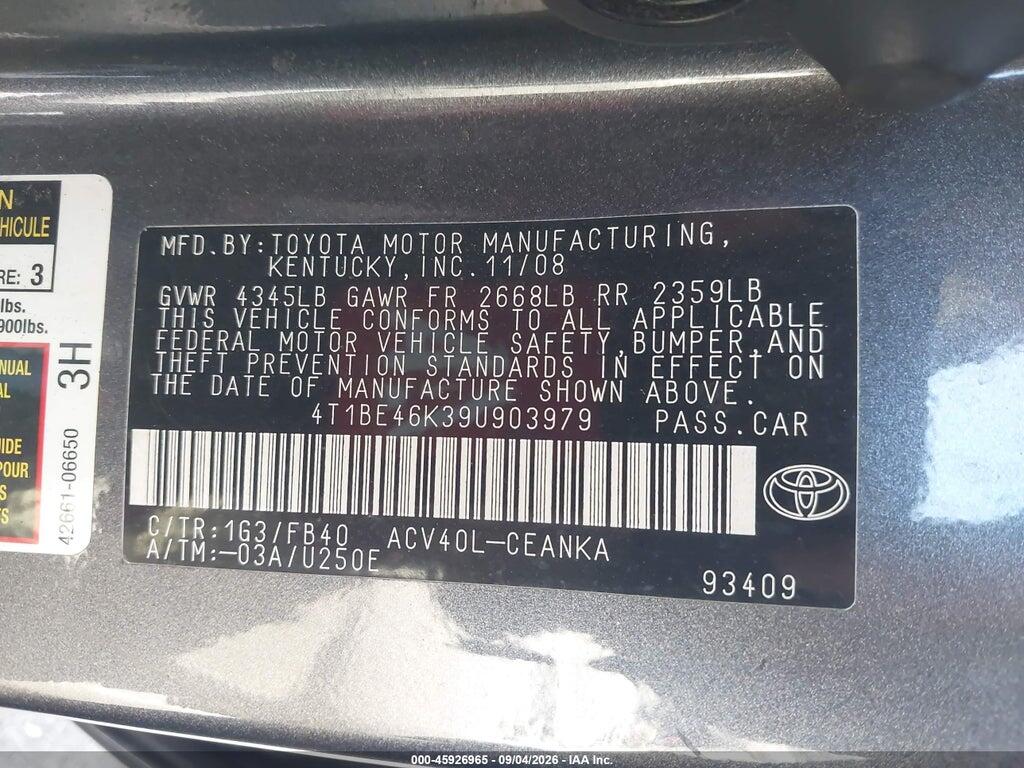 4T1BE46K39U903979 2009 TOYOTA CAMRY photo no. 9