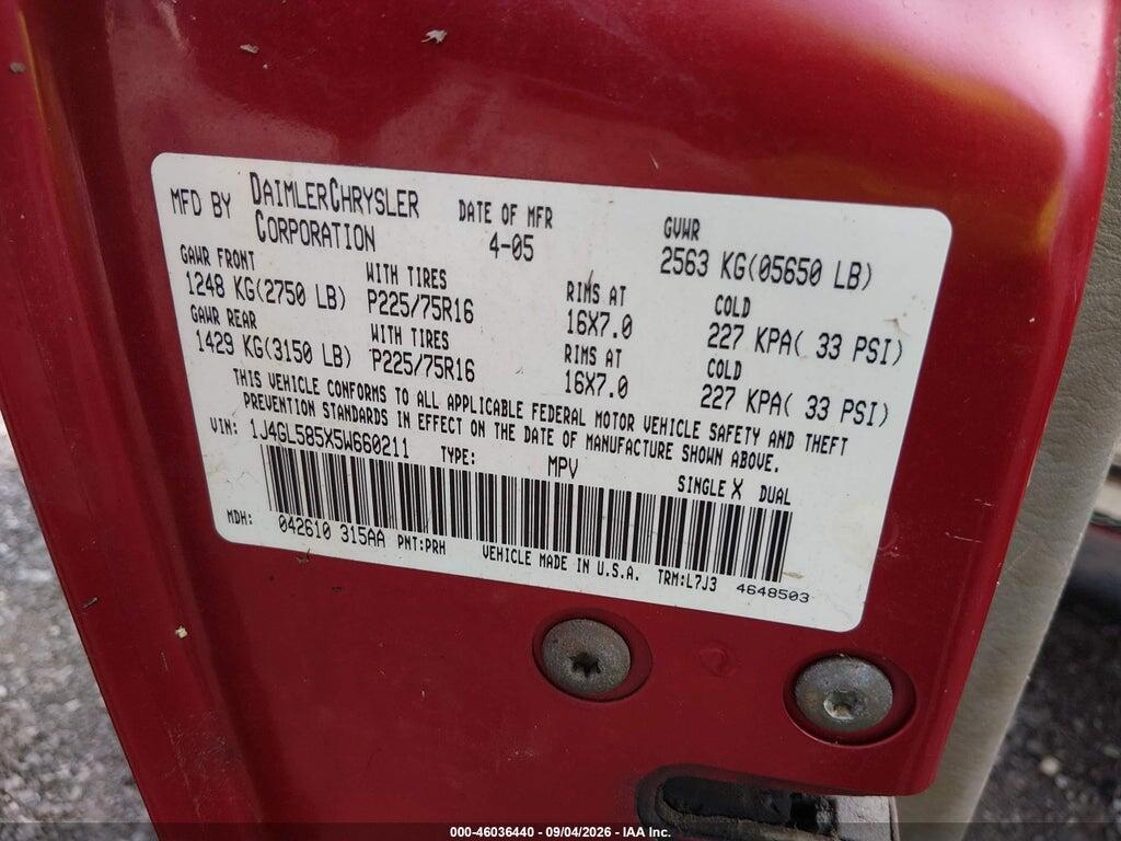 1J4GL585X5W660211 2005 JEEP LIBERTY photo no. 9
