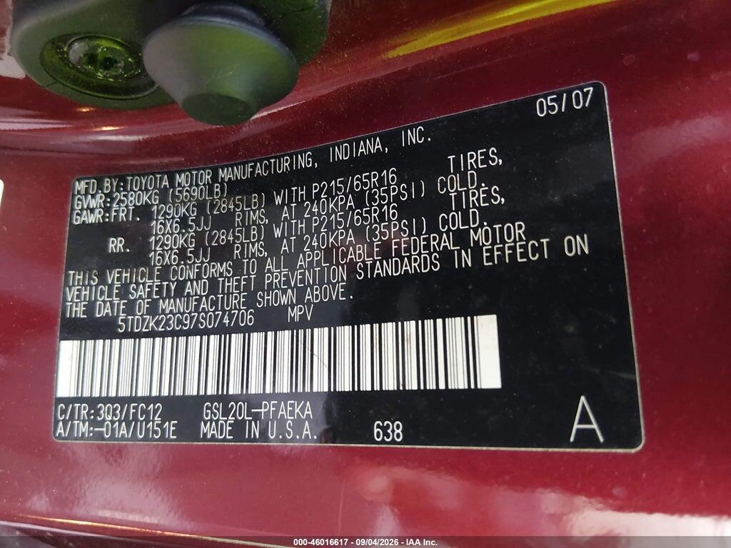5TDZK23C97S074706 2007 TOYOTA SIENNA photo no. 9