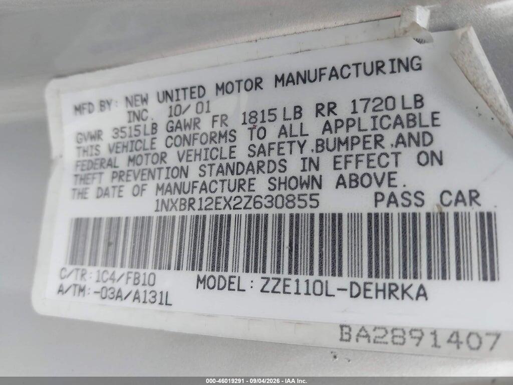 1NXBR12EX2Z630855 2002 TOYOTA COROLLA photo no. 9
