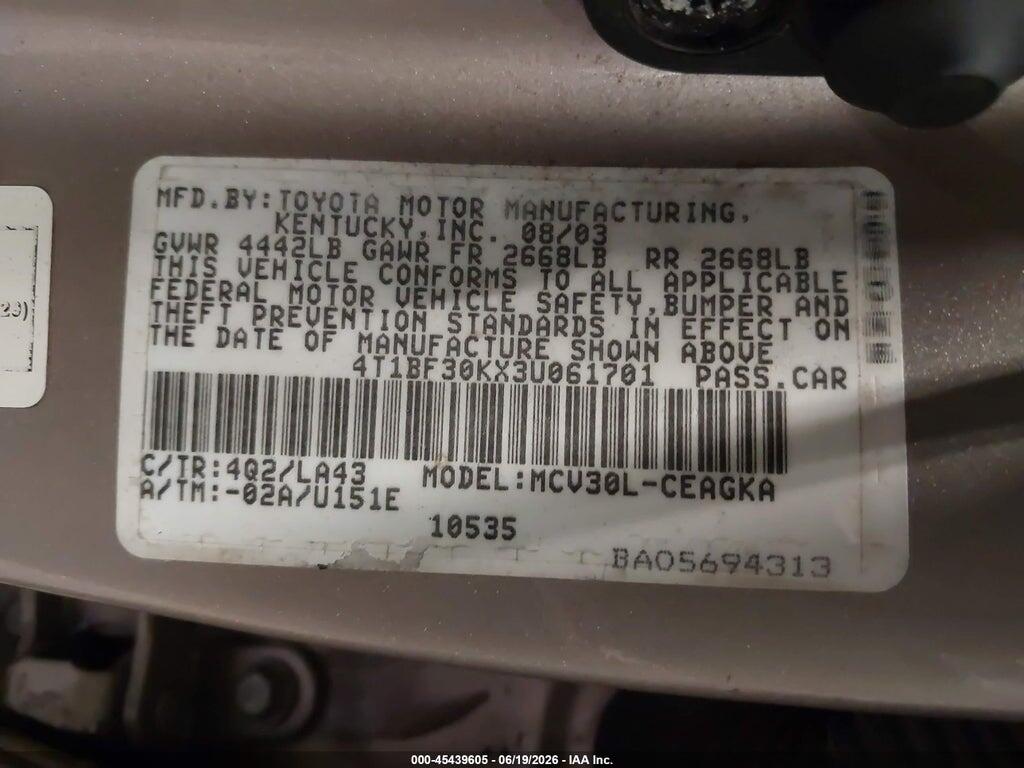 4T1BF30KX3U061701 2003 TOYOTA CAMRY photo no. 9