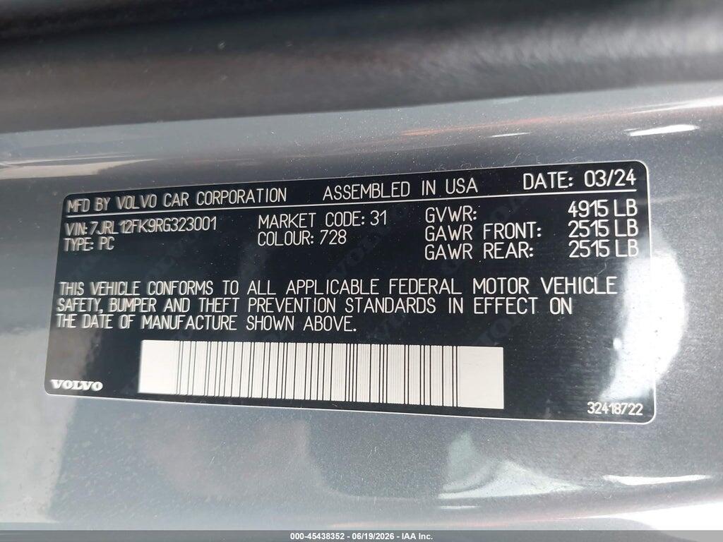 7JRL12FK9RG323001 2024 VOLVO S60 photo no. 9