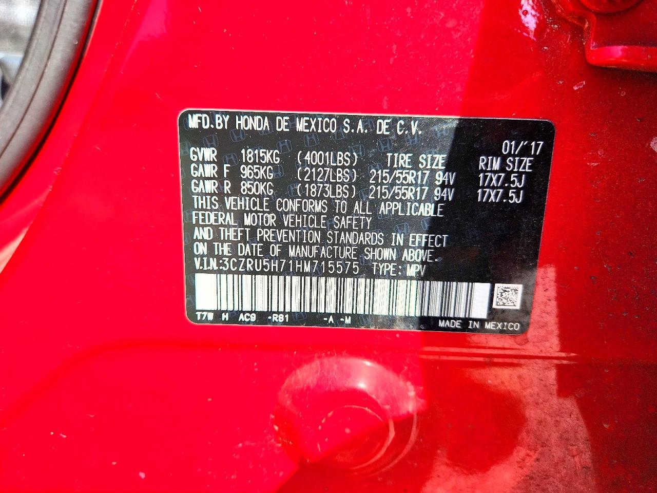 3CZRU5H71HM715575 2017 HONDA HR-V photo no. 12