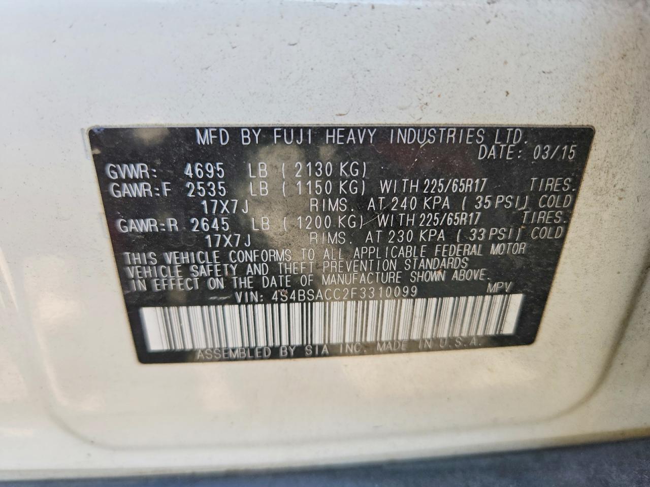 4S4BSACC2F3310099 2015 SUBARU OUTBACK photo no. 12