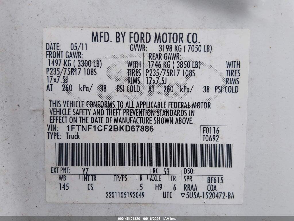 1FTNF1CF2BKD67886 2011 FORD F-150 photo no. 9