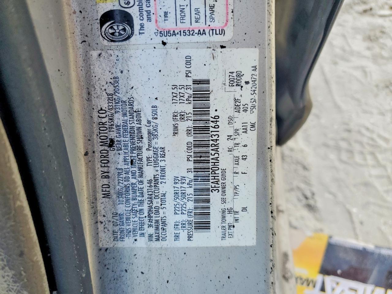 3FAHP0HA5AR431646 2010 FORD FUSION photo no. 12