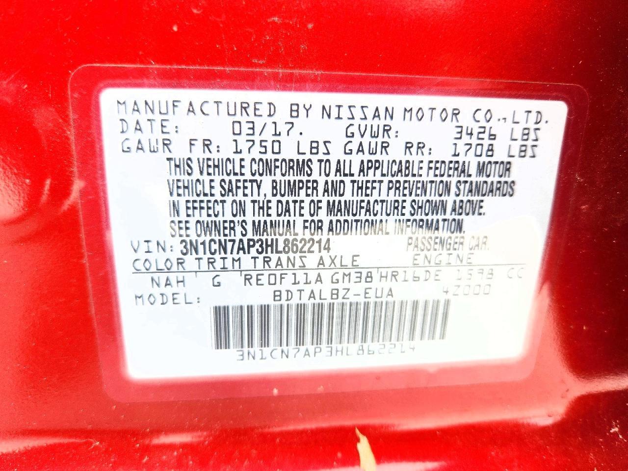3N1CN7AP3HL862214 2017 NISSAN VERSA photo no. 12