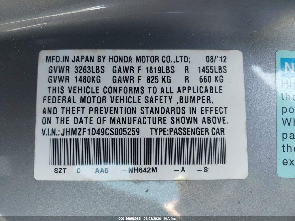 JHMZF1D49CS005259 2012 HONDA CR-Z photo no. 9
