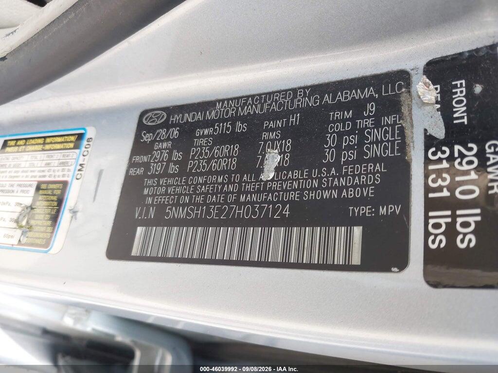 5NMSH13E27H037124 2007 HYUNDAI SANTA FE photo no. 9
