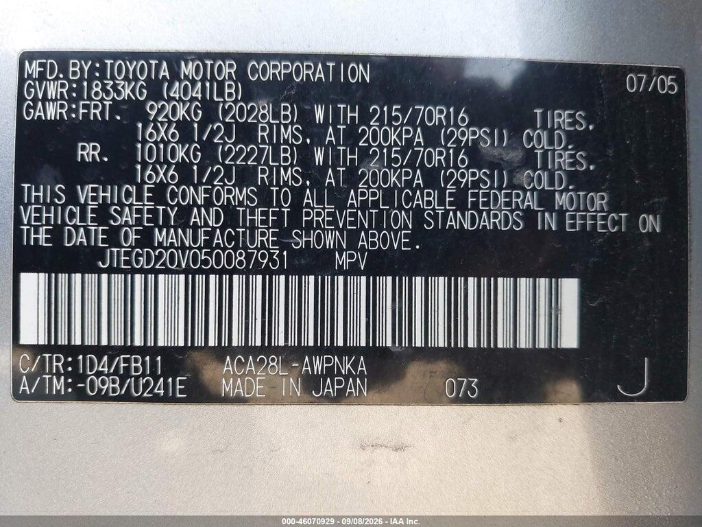 JTEGD20V050087931 2005 TOYOTA RAV4 photo no. 9