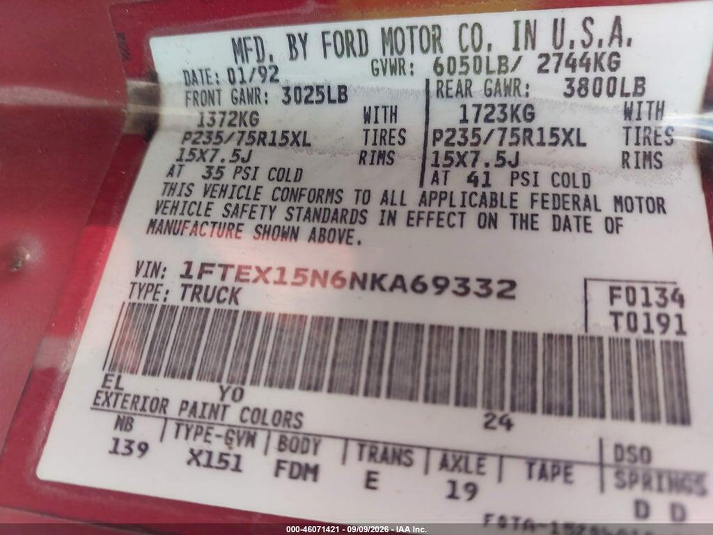 1FTEX15N6NKA69332 1992 FORD F150 photo no. 9