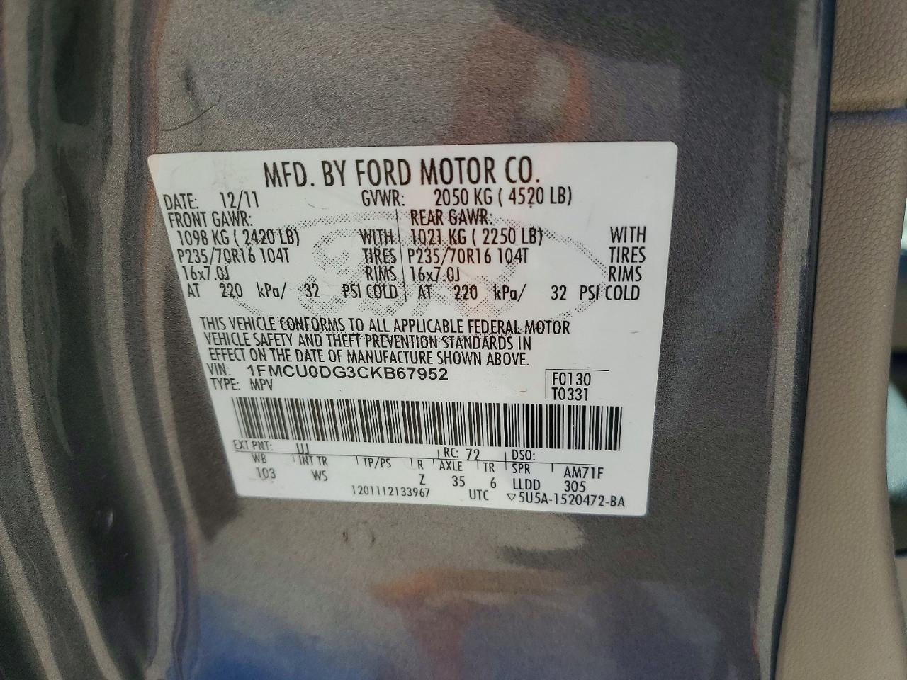 1FMCU0DG3CKB67952 2012 FORD ESCAPE photo no. 12