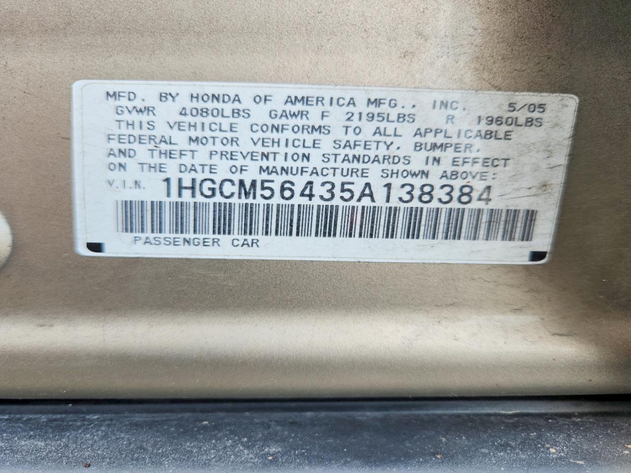 1HGCM56435A138384 2005 HONDA ACCORD photo no. 12