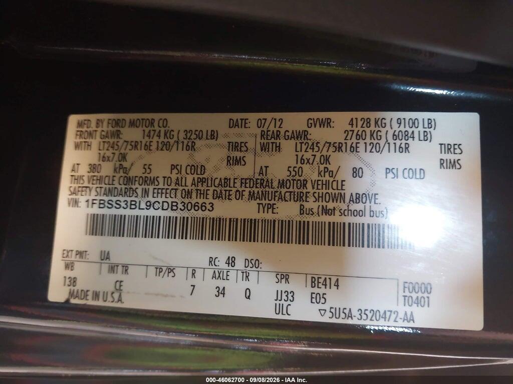 1FBSS3BL9CDB30663 2012 FORD E-350 SUPER DUTY photo no. 9