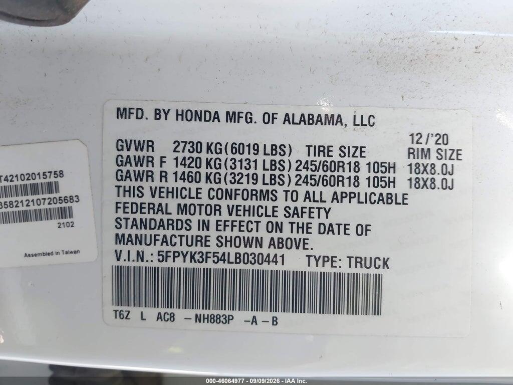 5FPYK3F54LB030441 2020 HONDA RIDGELINE photo no. 9