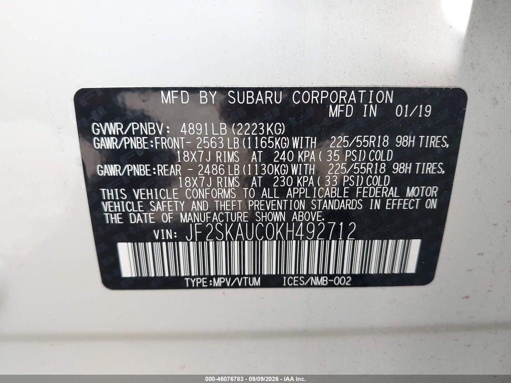 JF2SKAUC0KH492712 2019 SUBARU FORESTER photo no. 9