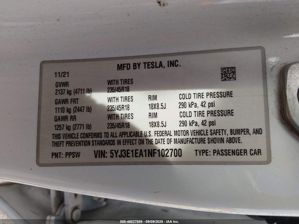5YJ3E1EA1NF102700 2022 TESLA MODEL 3 photo no. 9