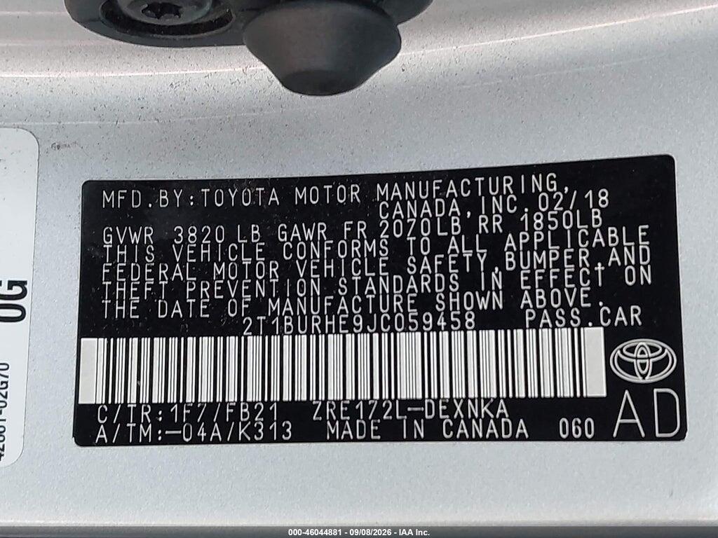 2T1BURHE9JC059458 2018 TOYOTA COROLLA photo no. 9