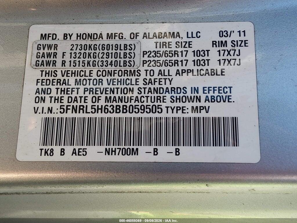 5FNRL5H63BB059505 2011 HONDA ODYSSEY photo no. 9