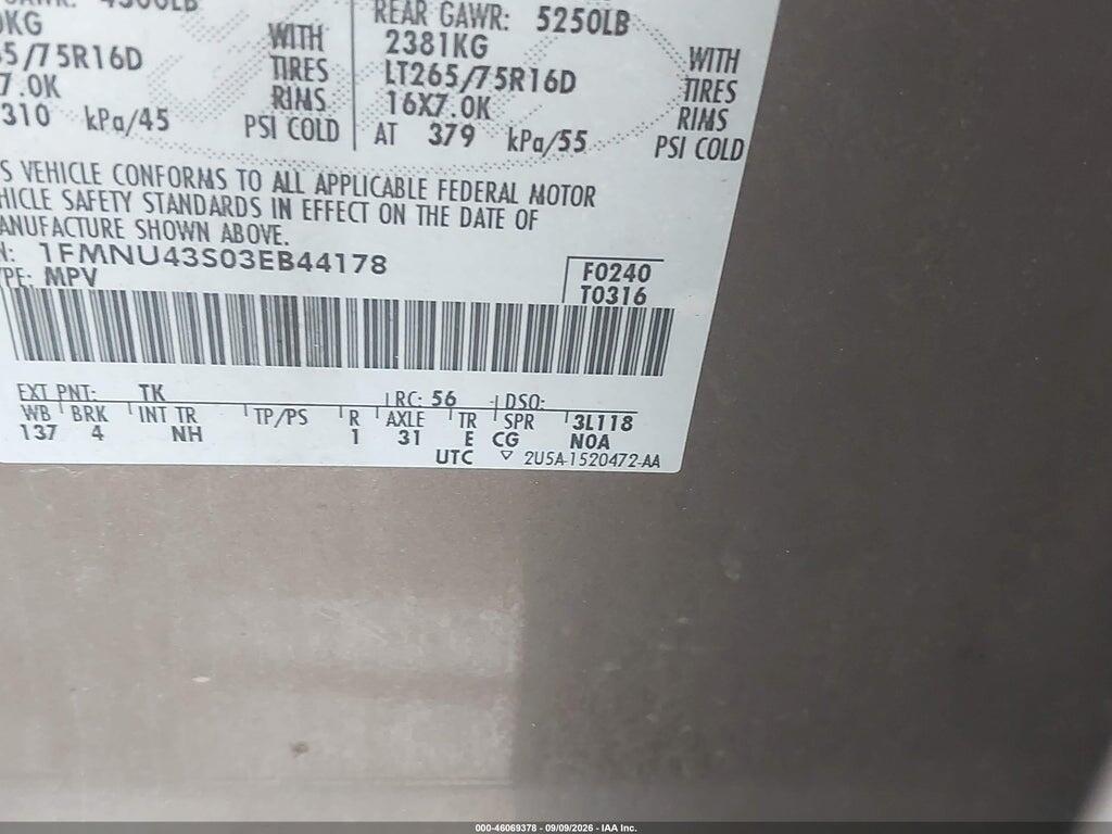 1FMNU43S03EB44178 2003 FORD EXCURSION photo no. 9