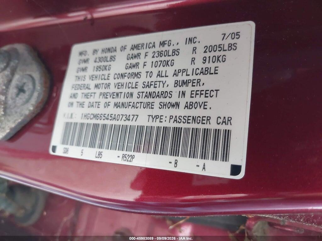 1HGCM66545A073477 2005 HONDA ACCORD photo no. 9