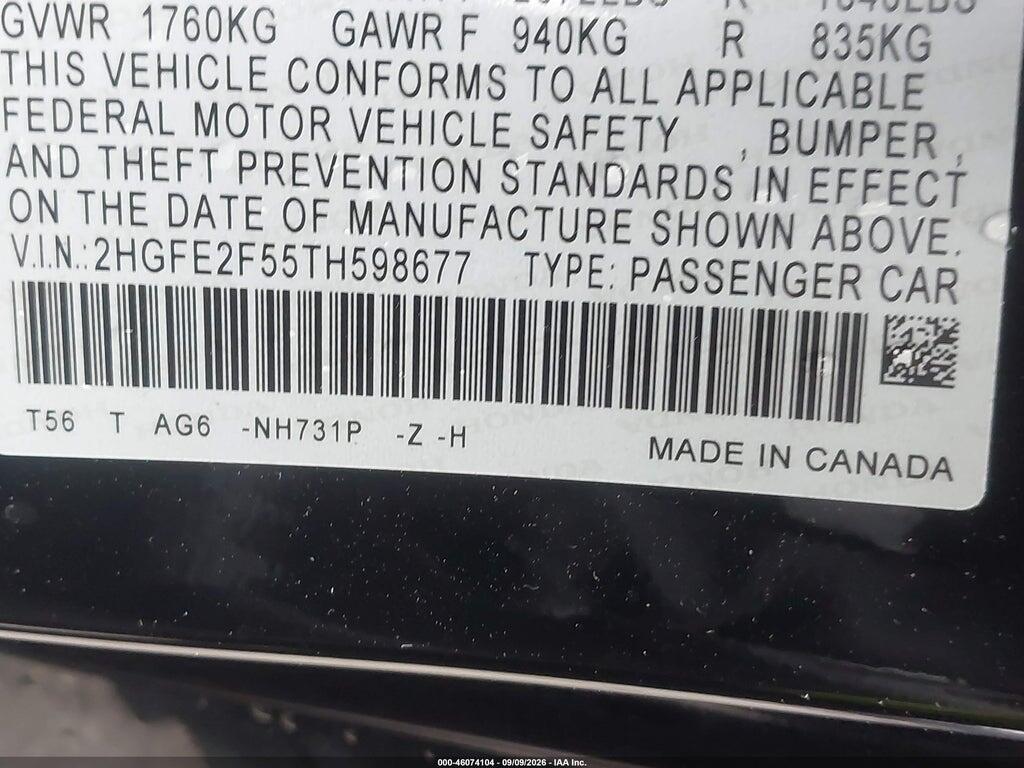 2HGFE2F55TH598677 2026 HONDA CIVIC photo no. 9