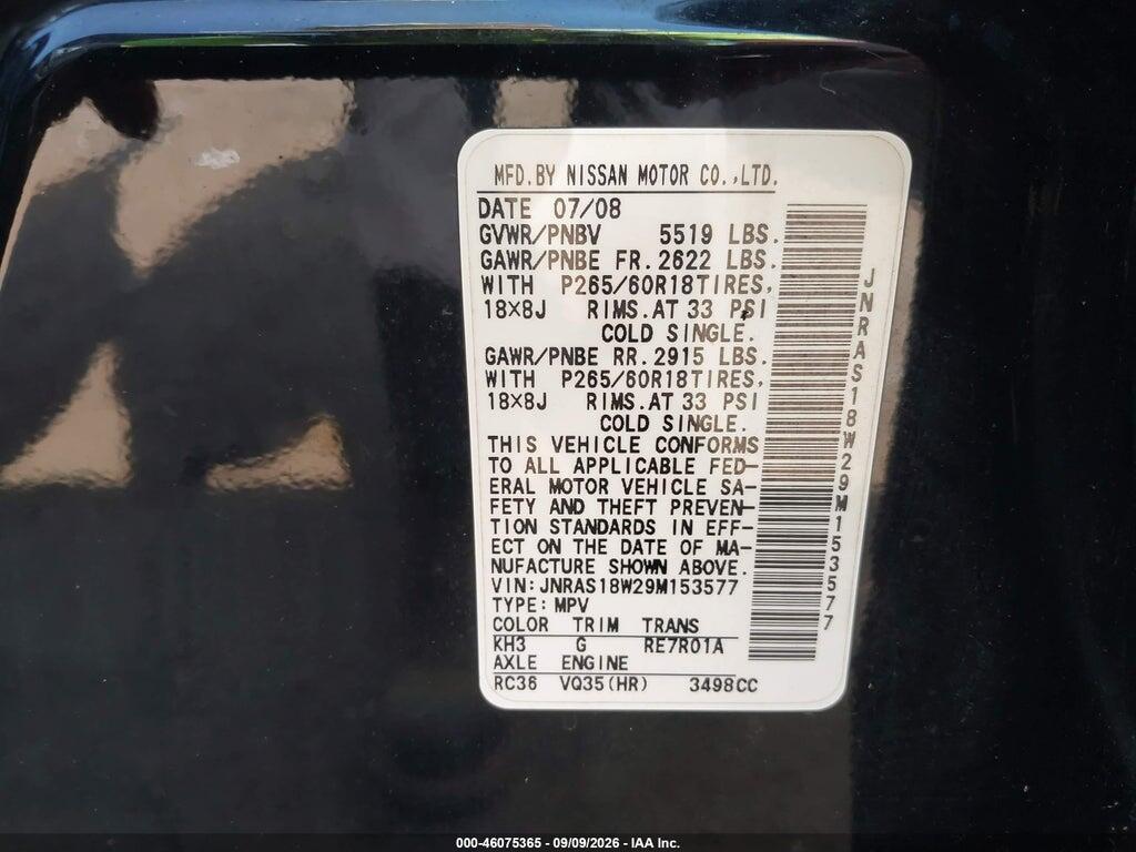 JNRAS18W29M153577 2009 INFINITI FX35 photo no. 9