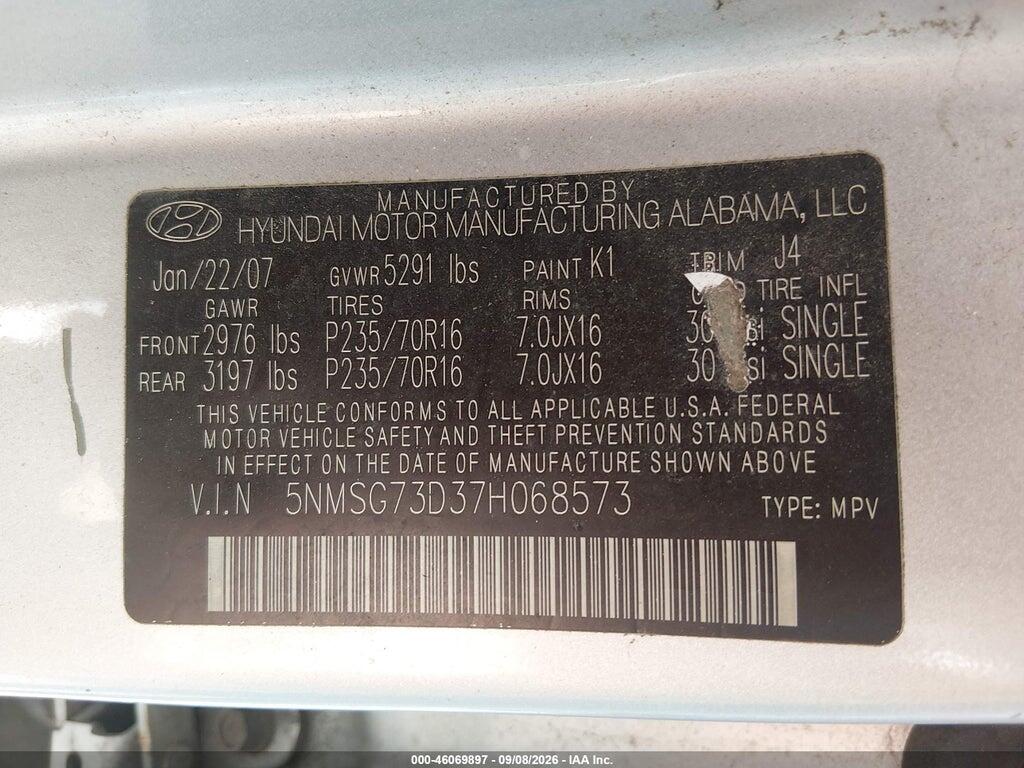 5NMSG73D37H068573 2007 HYUNDAI SANTA FE photo no. 9