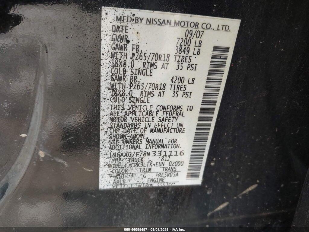 1N6AA07F78N331116 2008 NISSAN TITAN photo no. 9