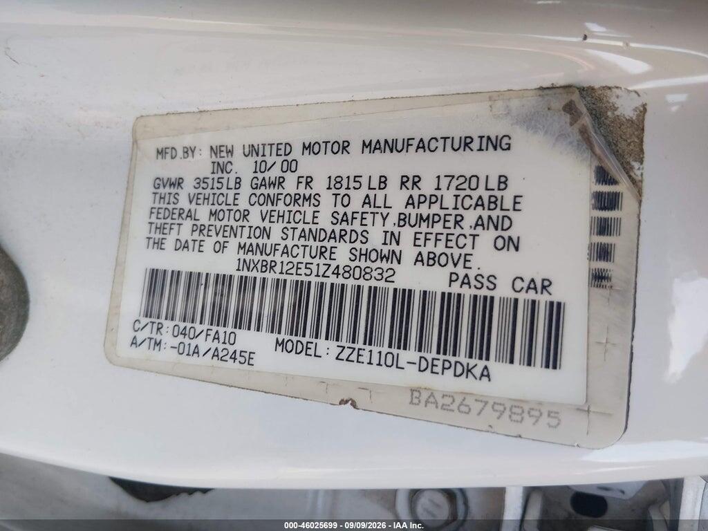 1NXBR12E51Z480832 2001 TOYOTA COROLLA photo no. 9