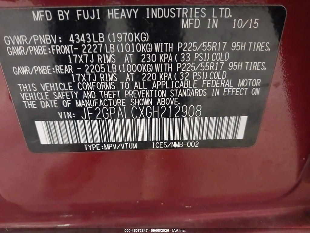 JF2GPALCXGH212908 2016 SUBARU CROSSTREK photo no. 9