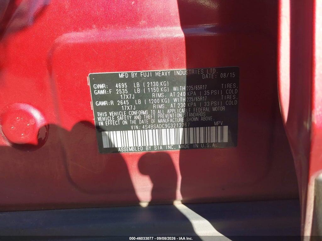 4S4BSADC9G3212767 2016 SUBARU OUTBACK photo no. 9