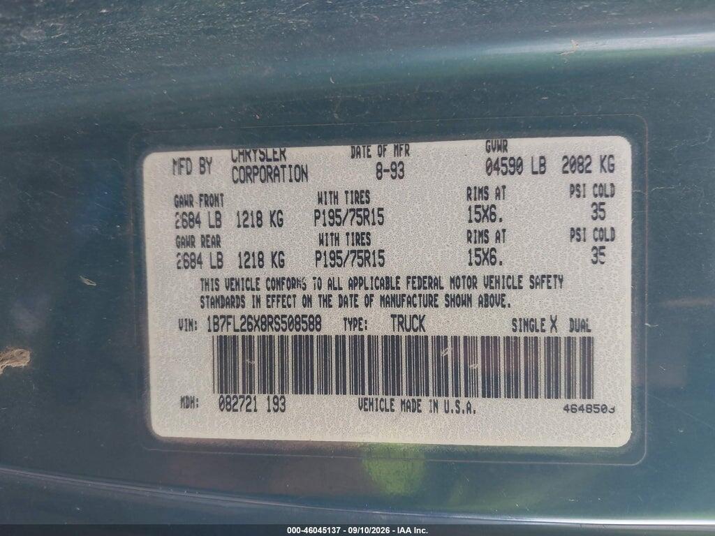 1B7FL26X8RS508588 1994 DODGE DAKOTA photo no. 9