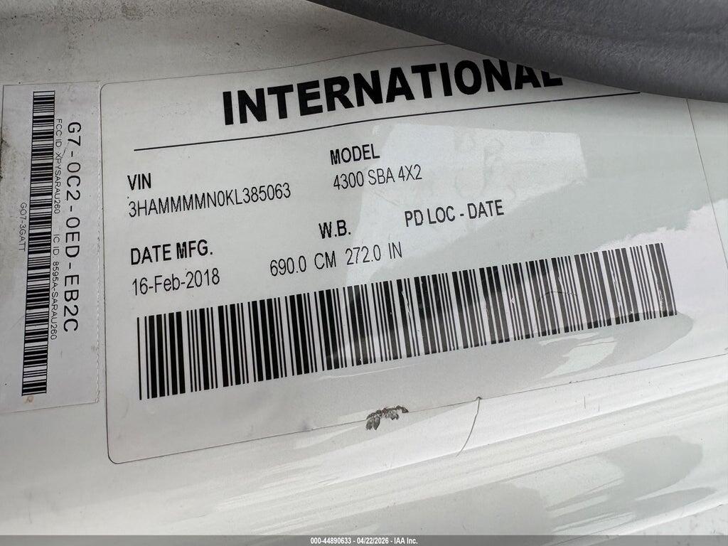 3HAMMMMN0KL385063 2019 INTERNATIONAL DURASTAR 4300 photo no. 9