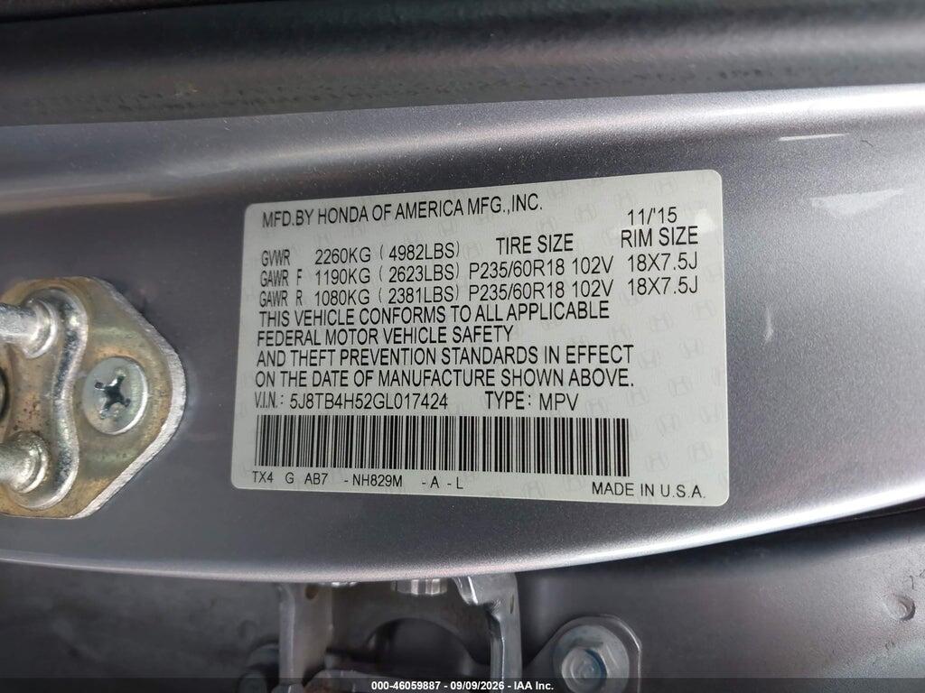 5J8TB4H52GL017424 2016 ACURA RDX photo no. 9