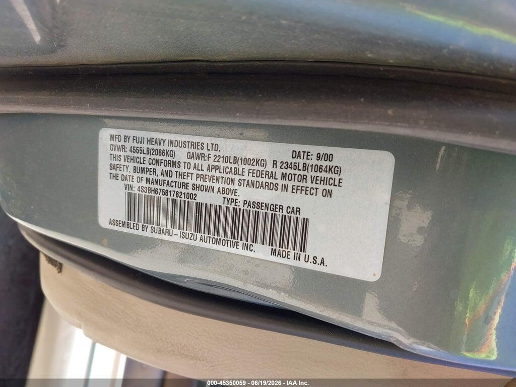4S3BH675817621002 2001 SUBARU OUTBACK photo no. 9