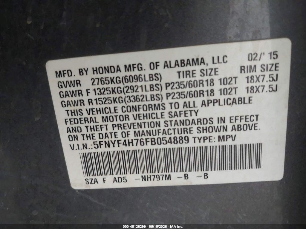 5FNYF4H76FB054889 2015 HONDA PILOT photo no. 9