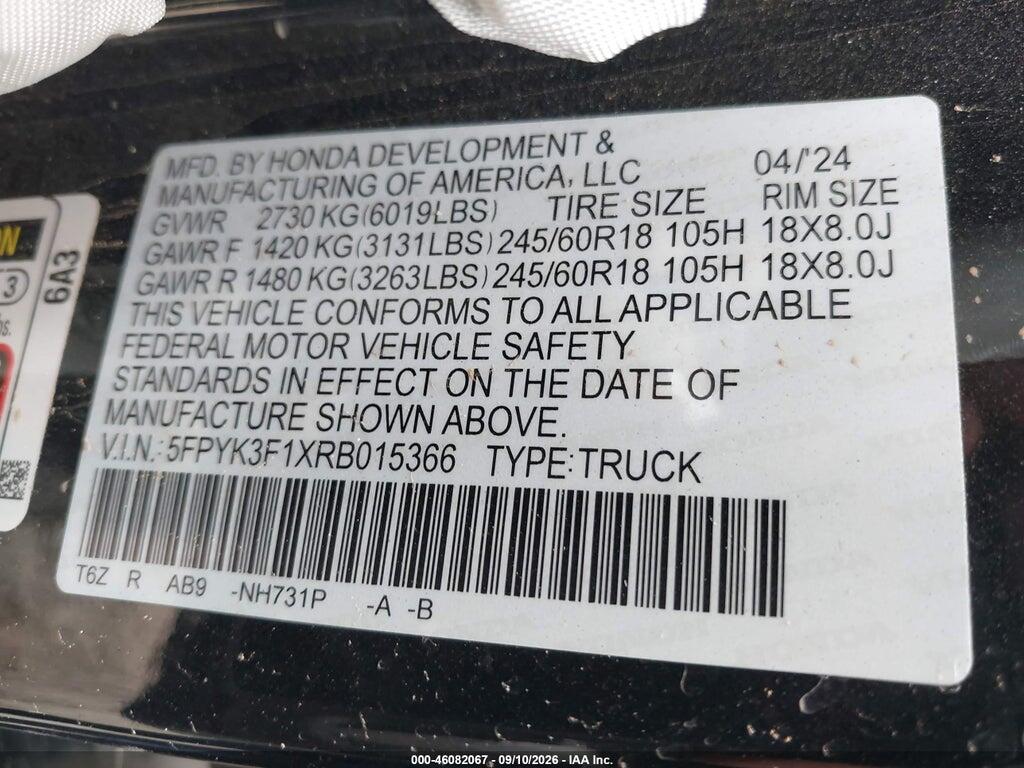 5FPYK3F1XRB015366 2024 HONDA RIDGELINE photo no. 9
