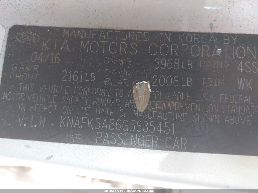 KNAFK5A86G5635451 2016 KIA FORTE photo no. 9